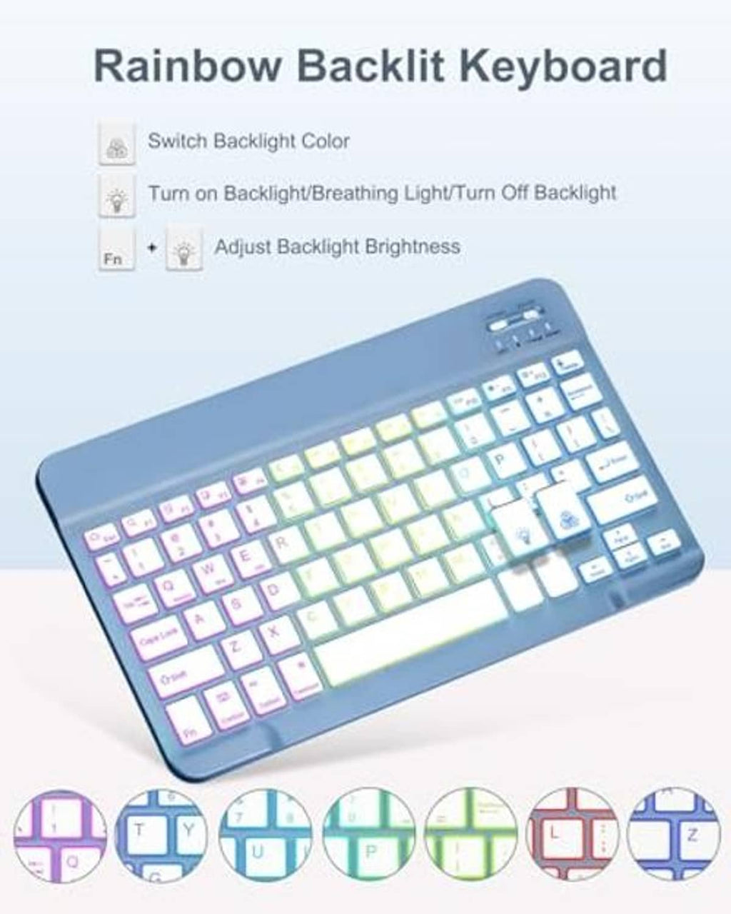 Blue rainbow backlit keyboard with key lettering and adjustable brightness controls