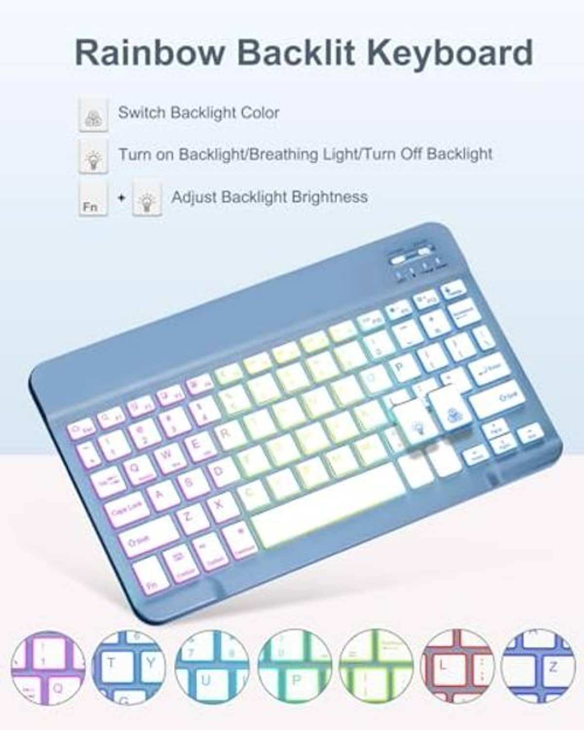 Blue rainbow backlit keyboard with key lettering and adjustable brightness controls