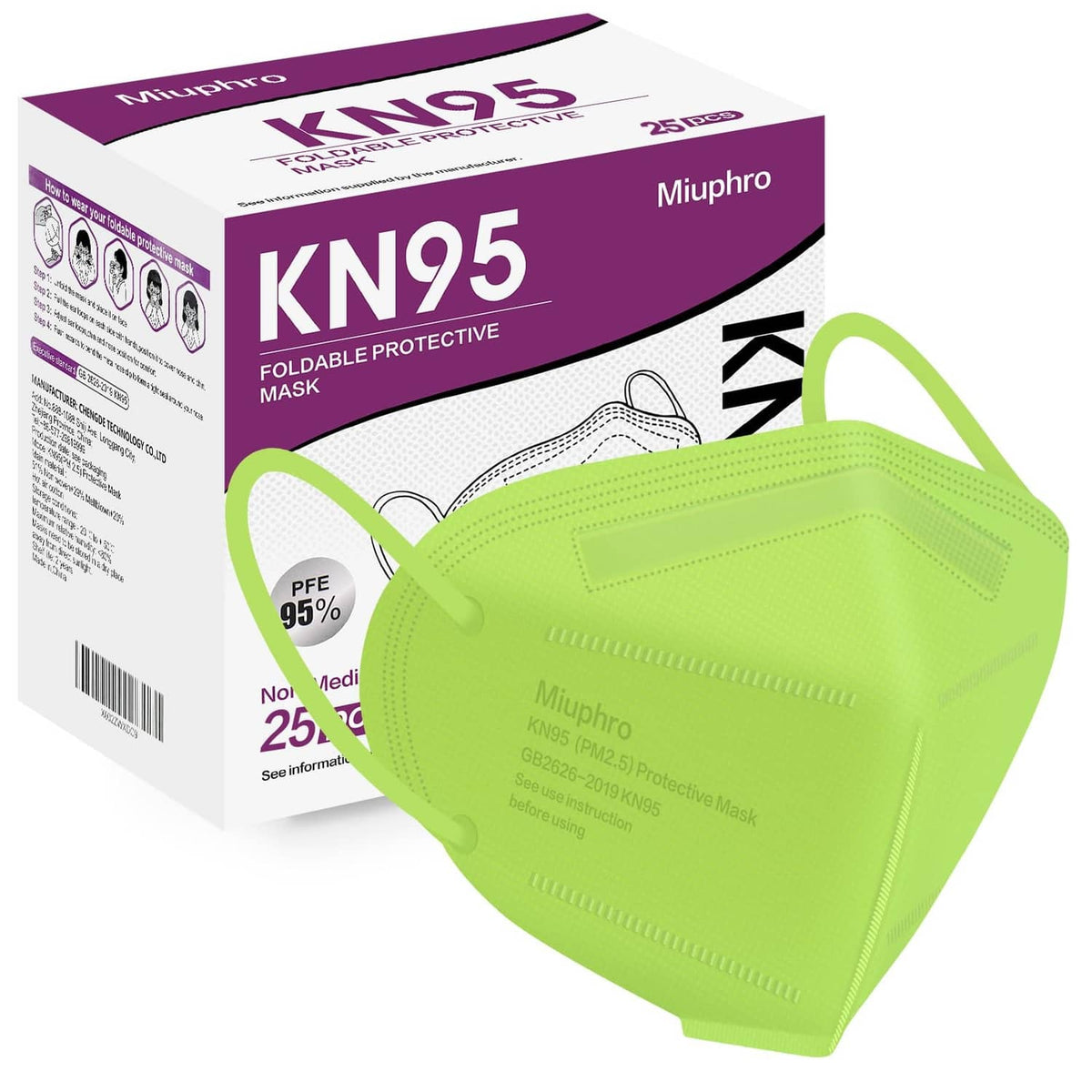 Green KN95 style foldable protective face mask, 5-layer design