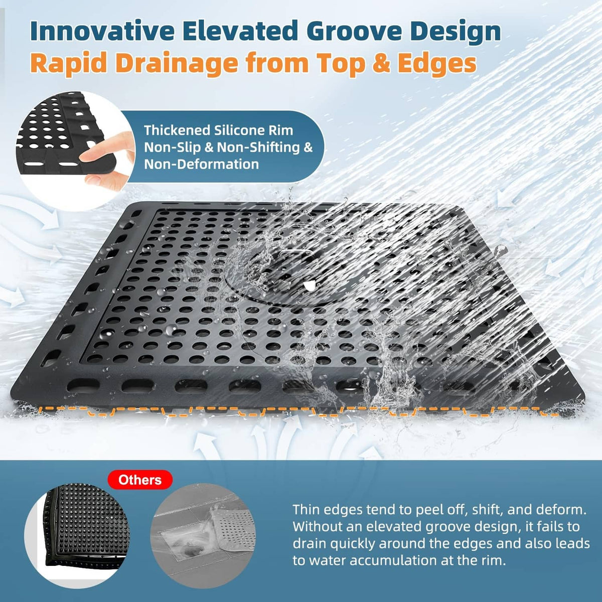 Matte black square shower drain hair catcher with perforated grid, circular strainer center