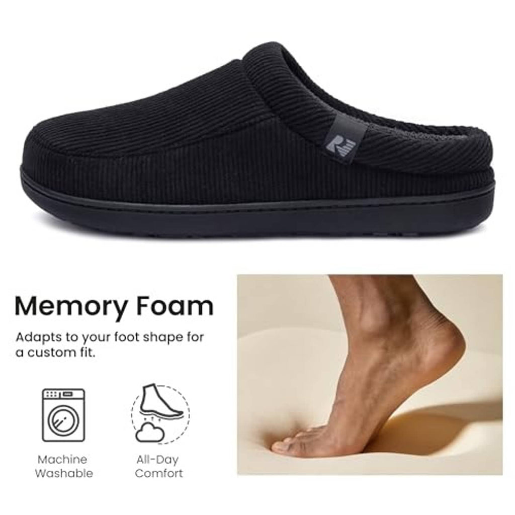 Black corduroy slip-on house slipper with padded memory foam-style comfort and flat sole