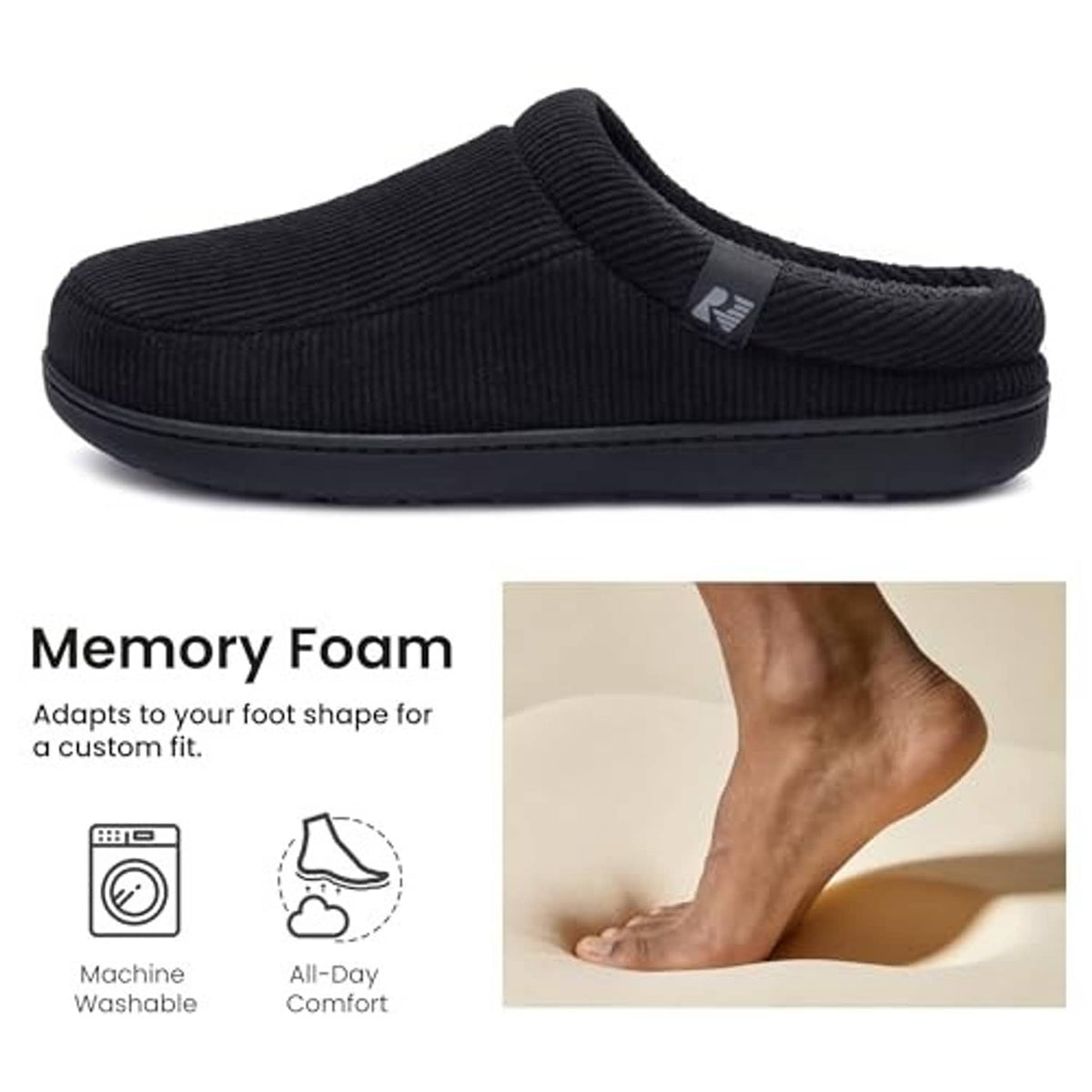 Black corduroy slip-on house slipper with padded memory foam-style comfort and flat sole