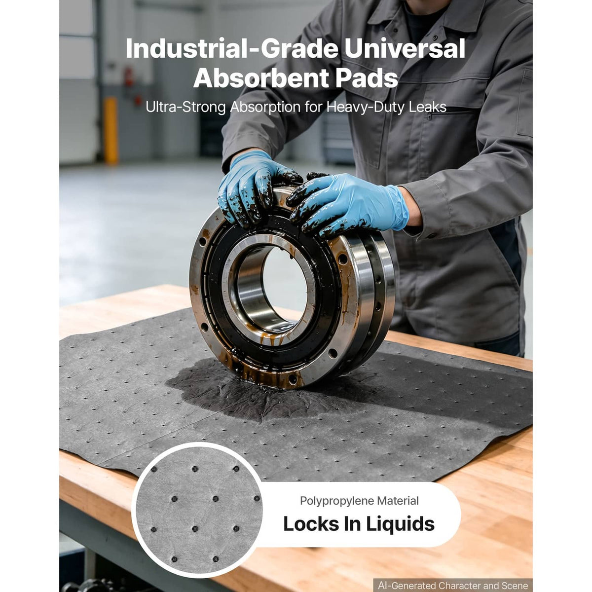 Absorbent pad placed under equipment to contain oil spills, grey 16 x 18 in.