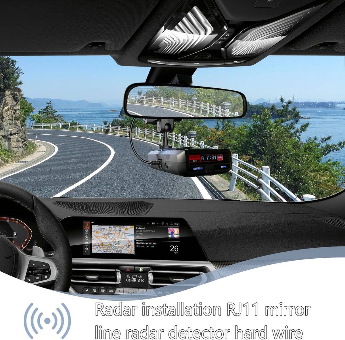 Hardwired radar detector power cord kit mounted near rearview mirror with RJ11 plug