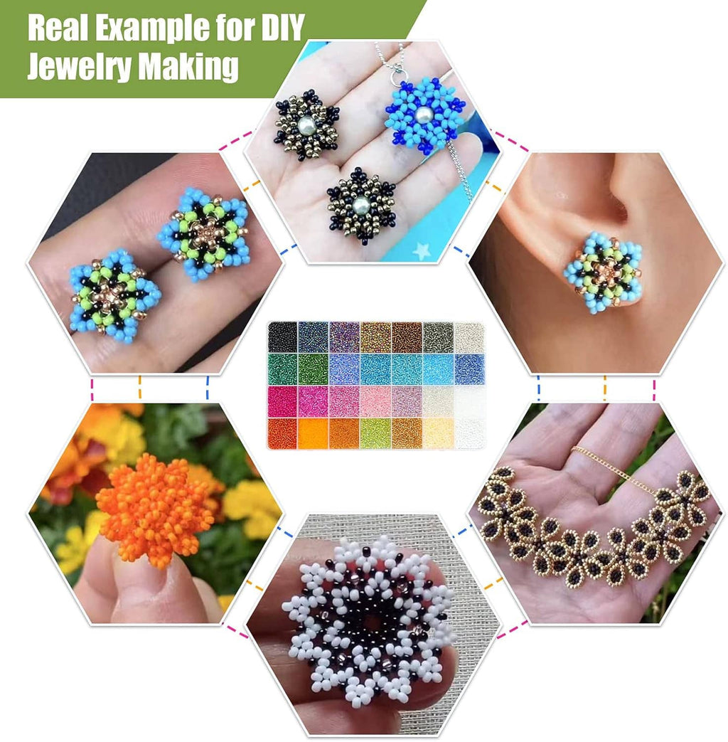 Multicolor seed beads kit for DIY jewelry, shown with beadwork in hands