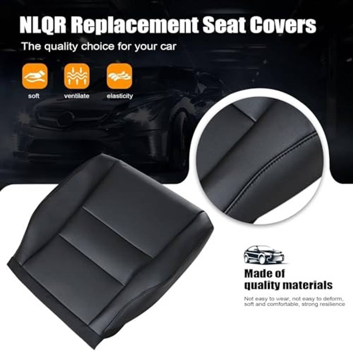 Black replacement seat bottom cover with stitched center panel and close-up seam detail