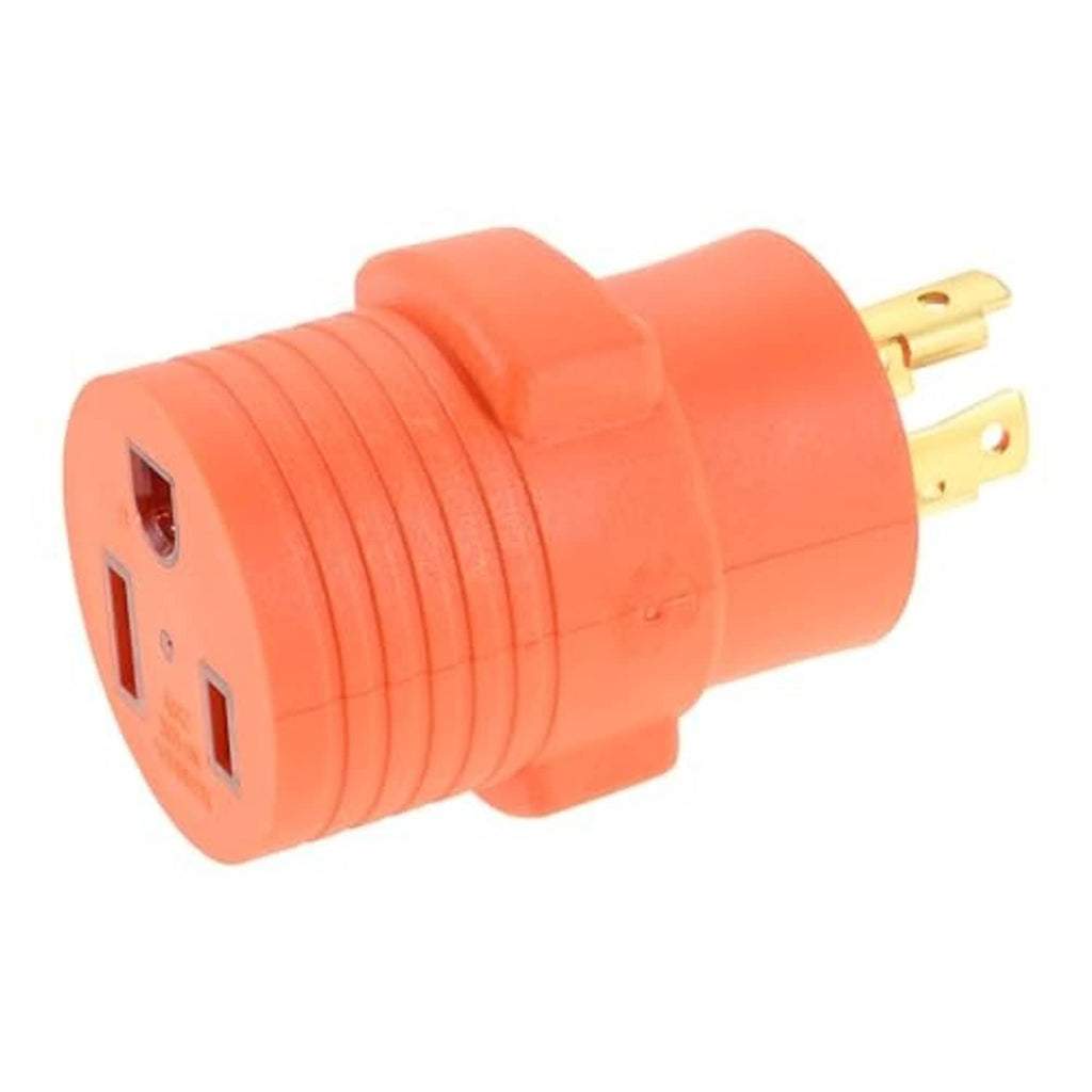 Orange adapter plug with ribbed grip and two brass blades on the end connector