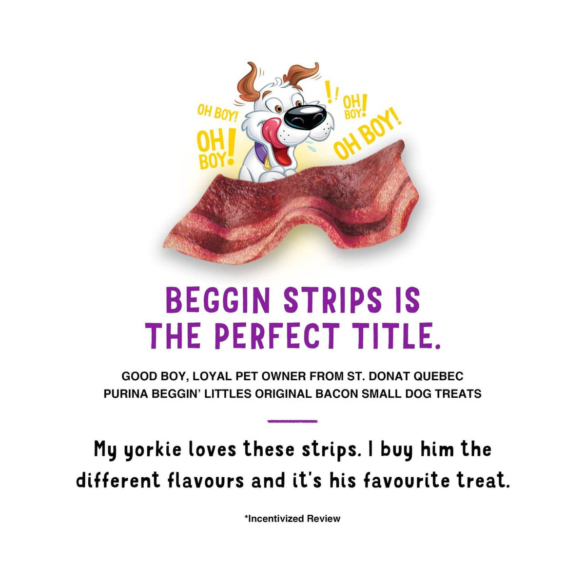 Dog treat pouch slogan panel, white background with bacon strip and playful dog character