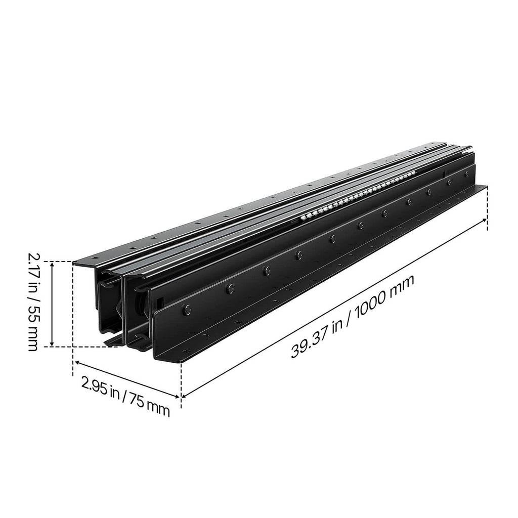 Black drawer slide rails shown in 3D with length and thickness measurements