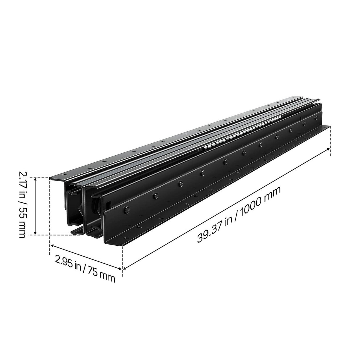 Black drawer slide rails shown in 3D with length and thickness measurements