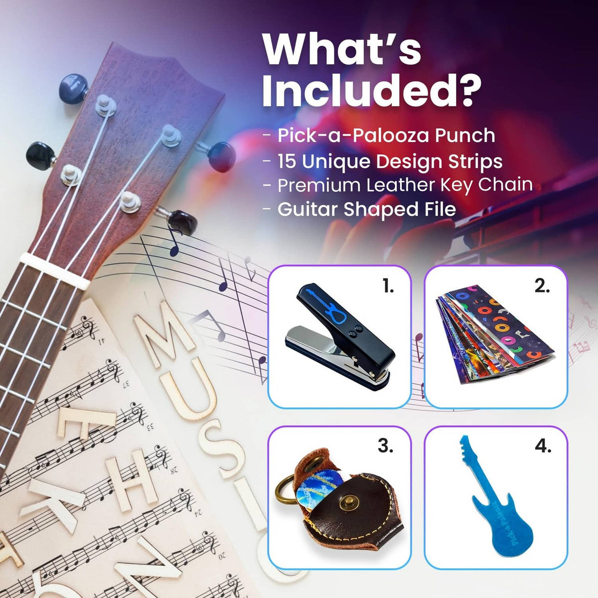 Pick-a-Palooza punch kit with blue punch tool, leather key chain, and design strips