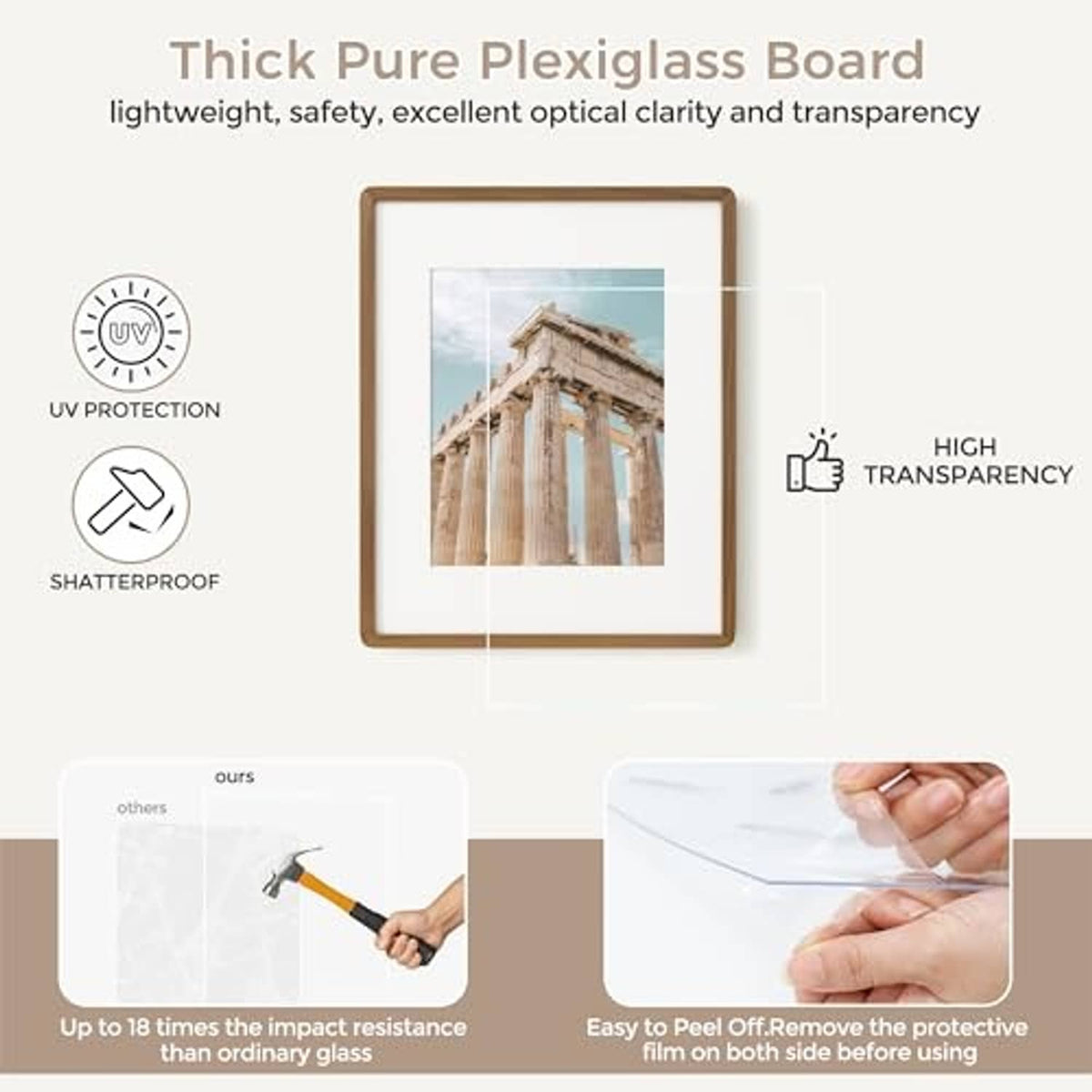 Oak photo frame with clear plexiglass panel for UV protection