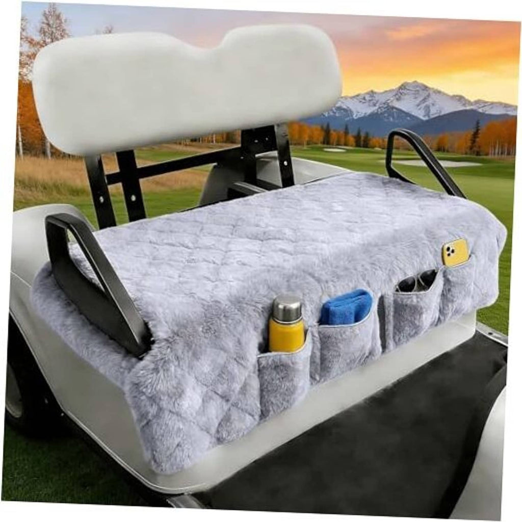 Light gray quilted plush golf cart seat cover blanket with armrest cutouts