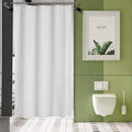 White shower curtain with straight hanging edge and metal rod grommets