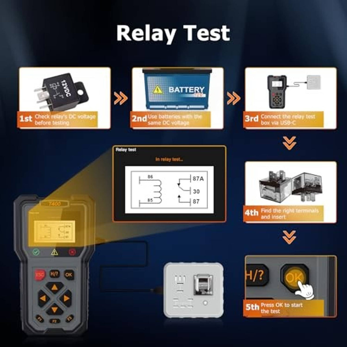 Handheld car diagnostic scanner and battery tester with relay test steps graphic