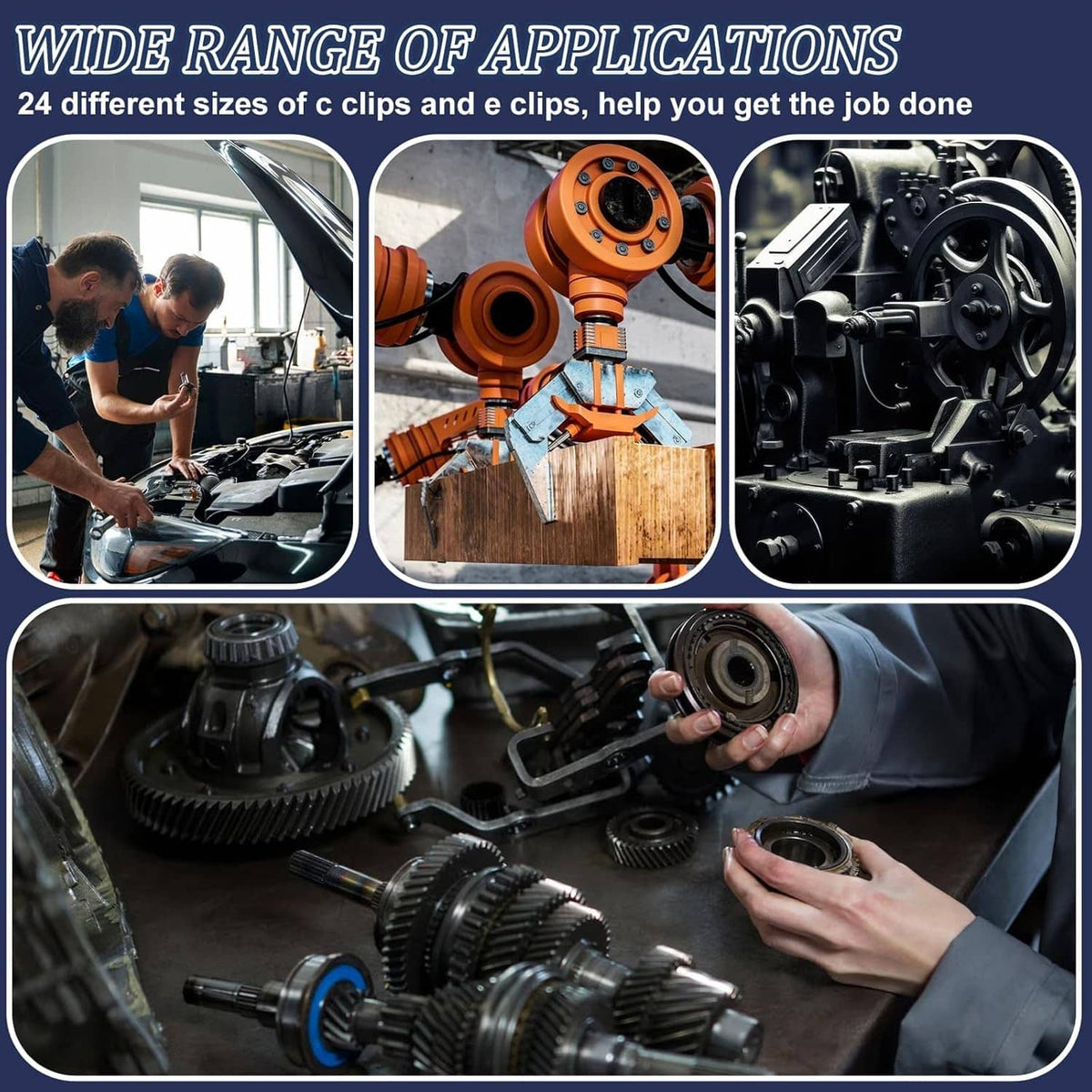 Black C and E clips in use on automotive components across multiple applications