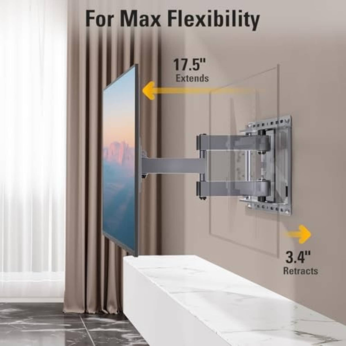 TV wall mount with articulated bracket extending outward from the wall