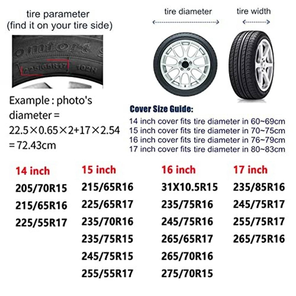 Tire cover size guide chart showing tire diameter, width, and cover sizes in inches