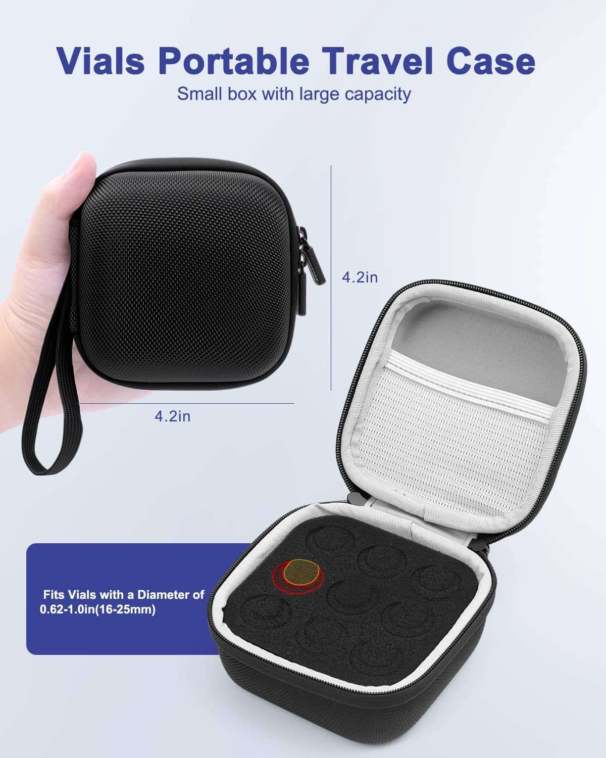 Black compact insulin vial travel case with wrist strap, open white mesh organizer