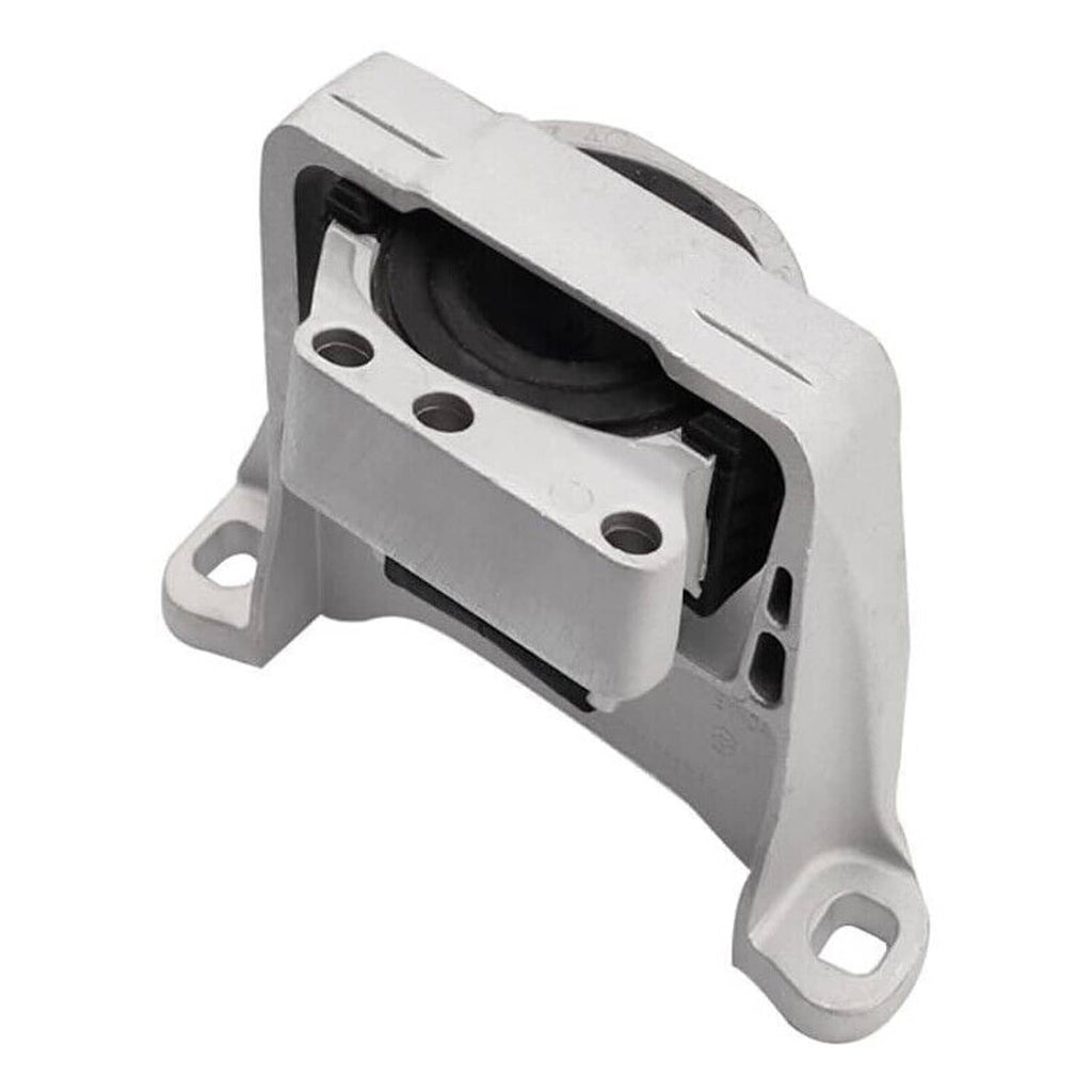 Engine motor mount with silver metal frame and black rubber bushing, angled view