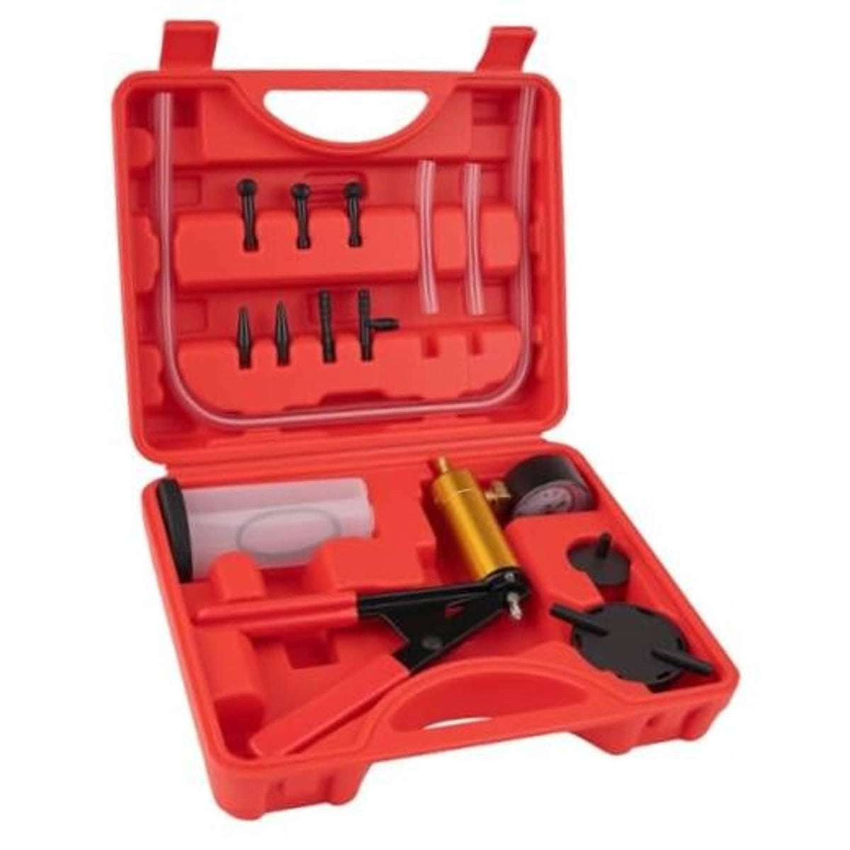 Brake bleeder vacuum pump kit in red case with adapters, hoses, and hand pump