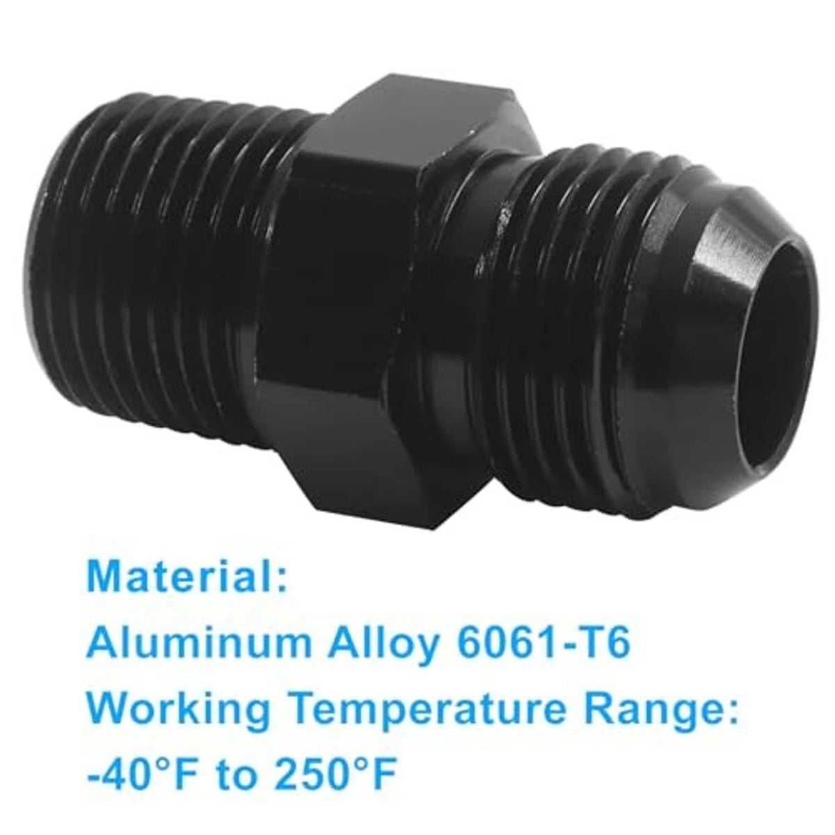 Black flare-to-1/2 in NPT adapter, hex coupler with silver-toned male threads