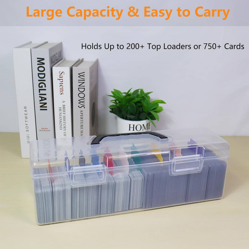 Clear plastic card storage case with handle and hinged lid, holding top loader cards