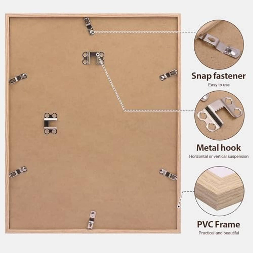 Natural wood-tone picture frame back with snap fastener and metal hanging hook