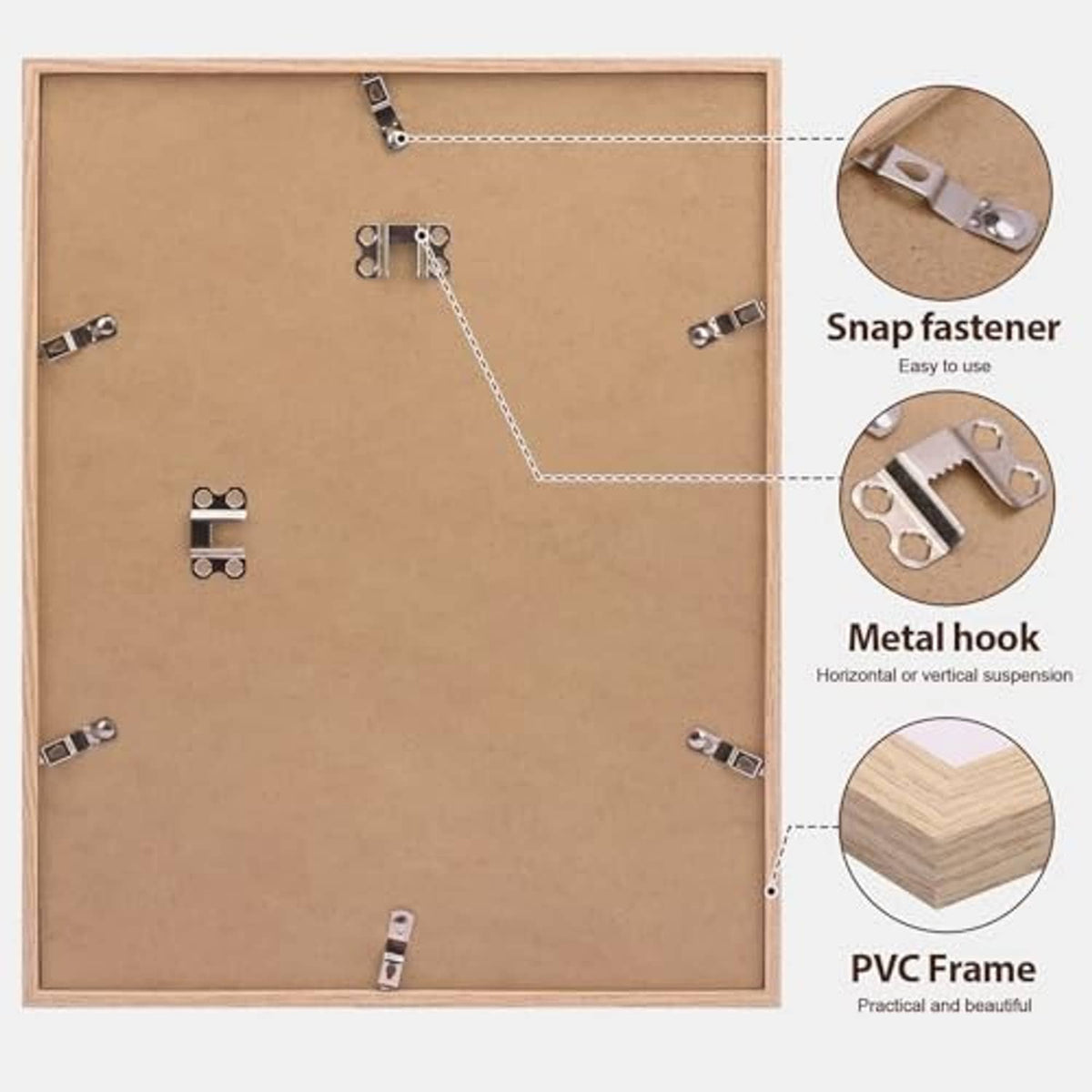 Natural wood-tone picture frame back with snap fastener and metal hanging hook