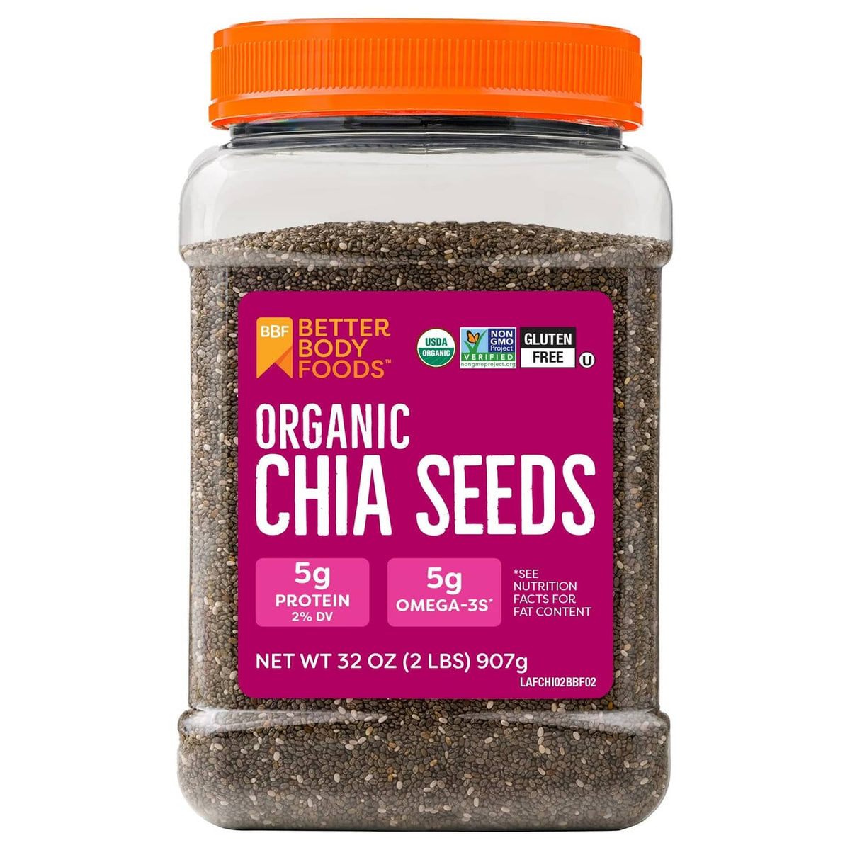 Organic chia seeds jar with orange lid and Better Body Foods label