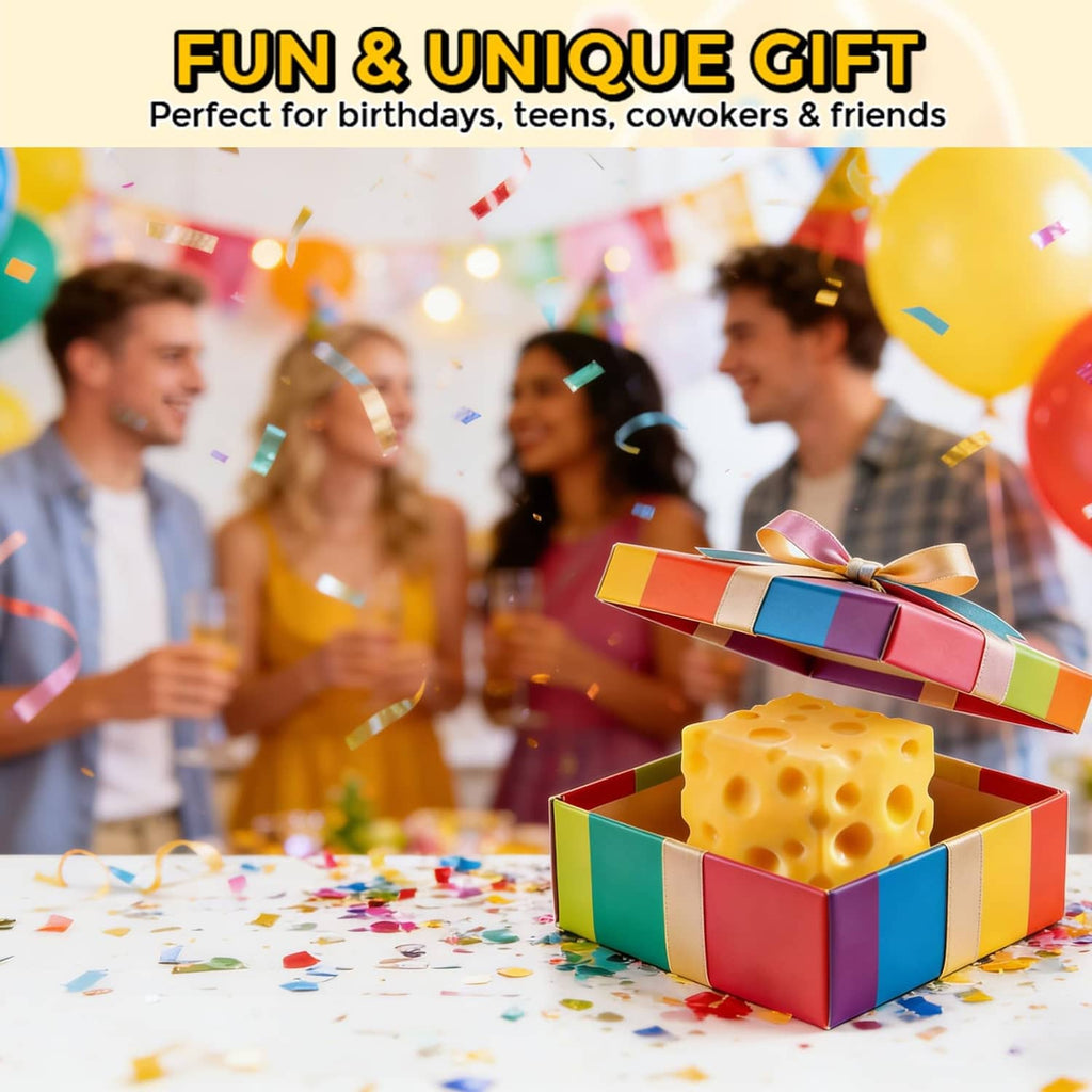 Yellow cheese squishy toy protruding from colorful gift box