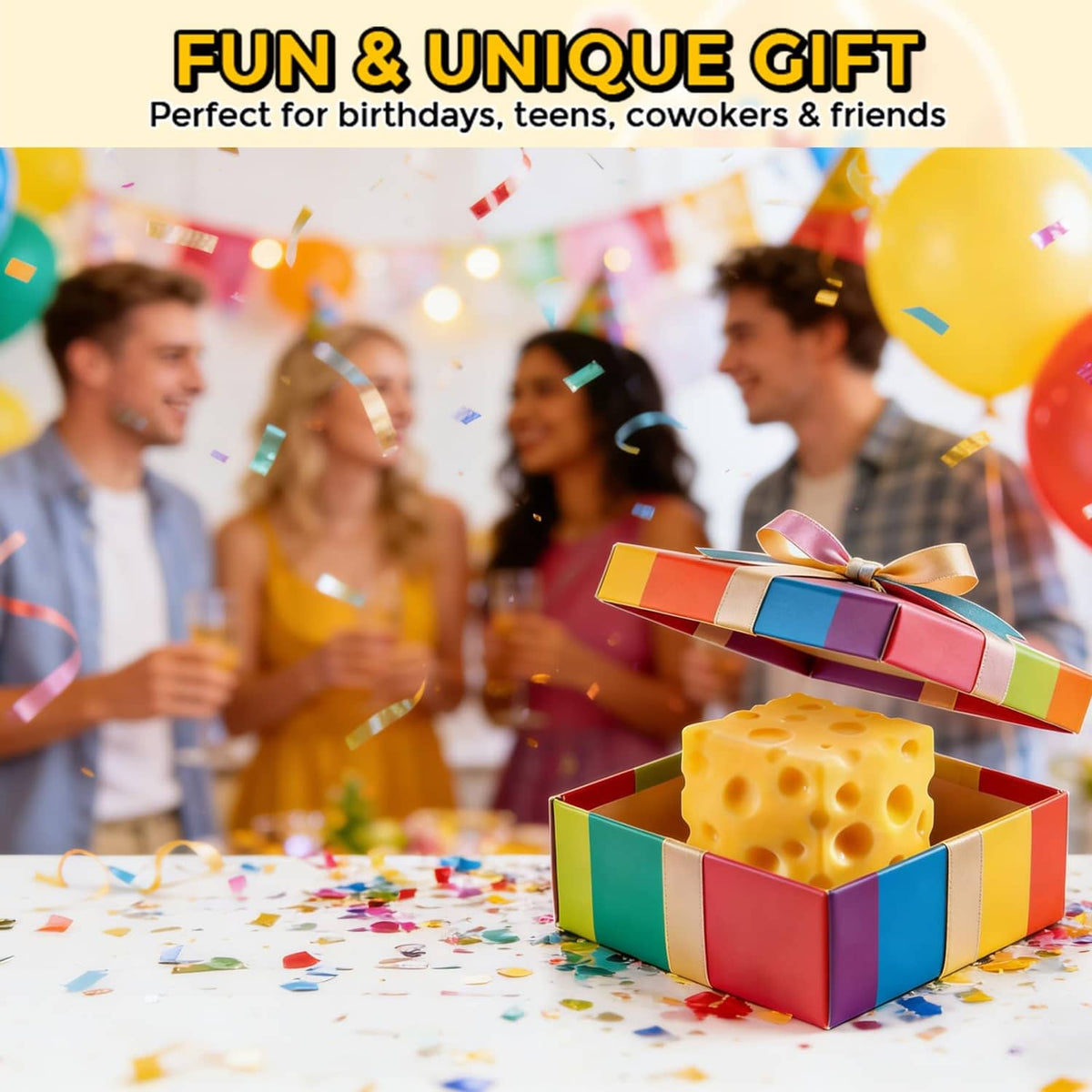 Yellow cheese squishy toy protruding from colorful gift box