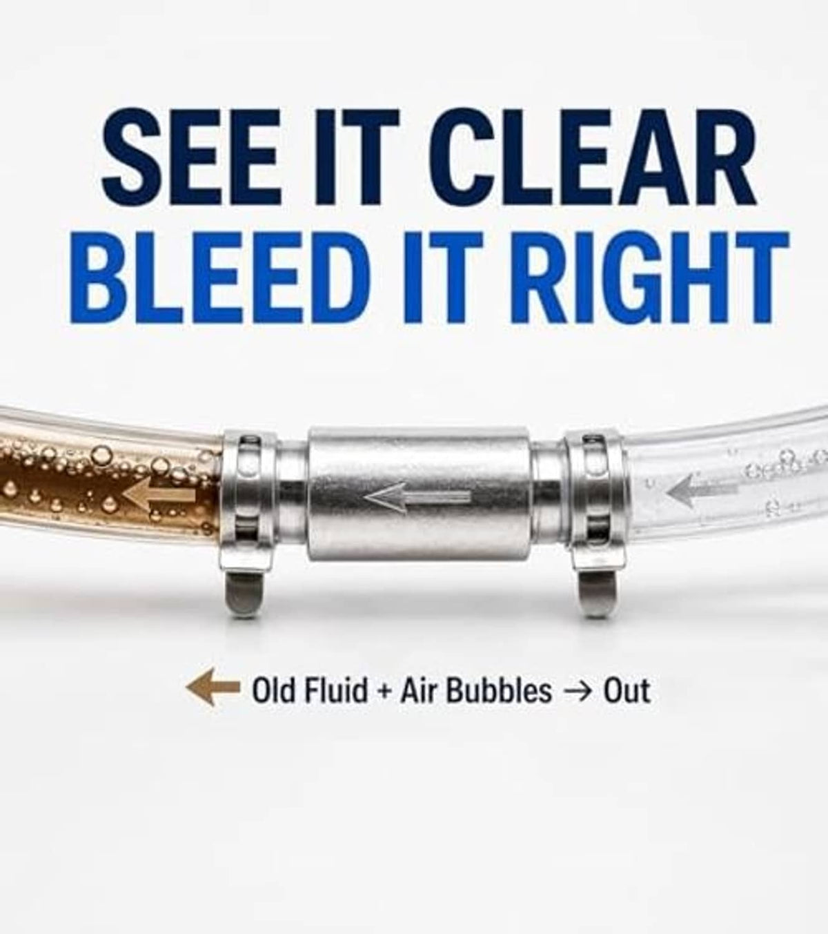 Brake bleeder hose with aluminum flow chamber showing arrow direction for bleeding