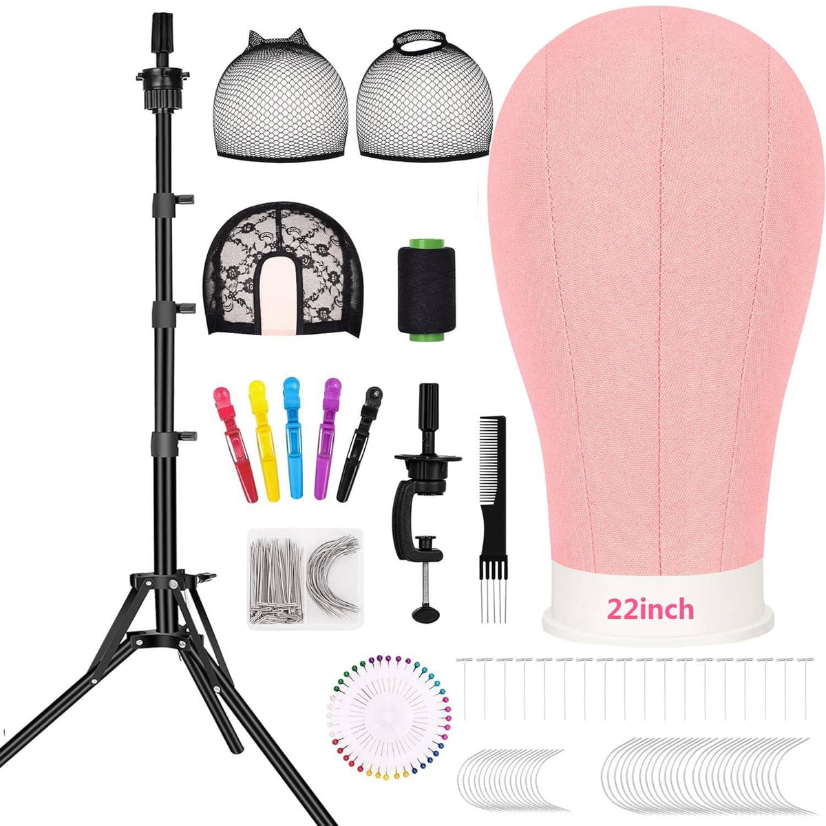 Wig stand tripod kit with pink canvas mannequin head and assorted wig accessories