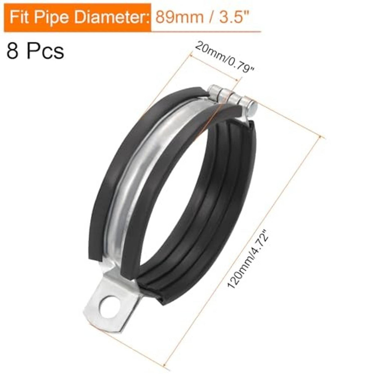 Single split ring pipe strap clamp with black rubber liner and silver mounting bracket