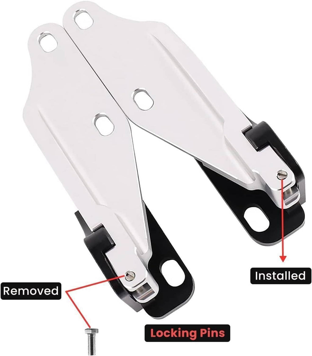 Quick release hood hinge latch set showing removed and installed locking pins and base