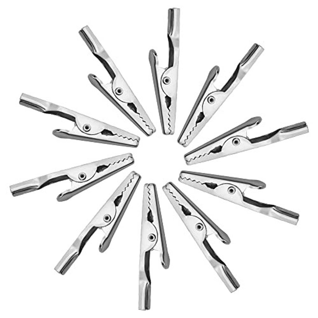 Assorted silver metal alligator clips fanned out, serrated gripping ends