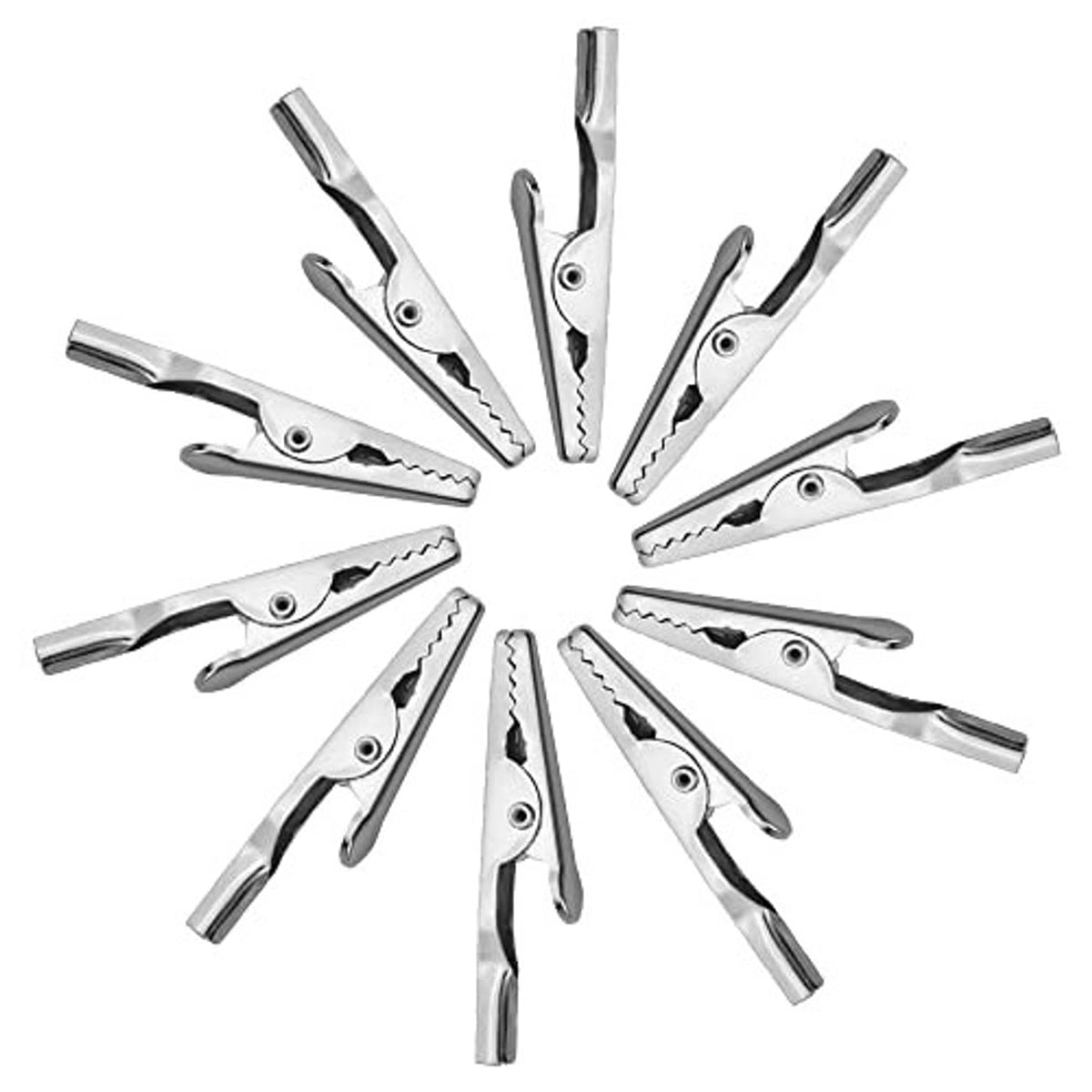 Assorted silver metal alligator clips fanned out, serrated gripping ends