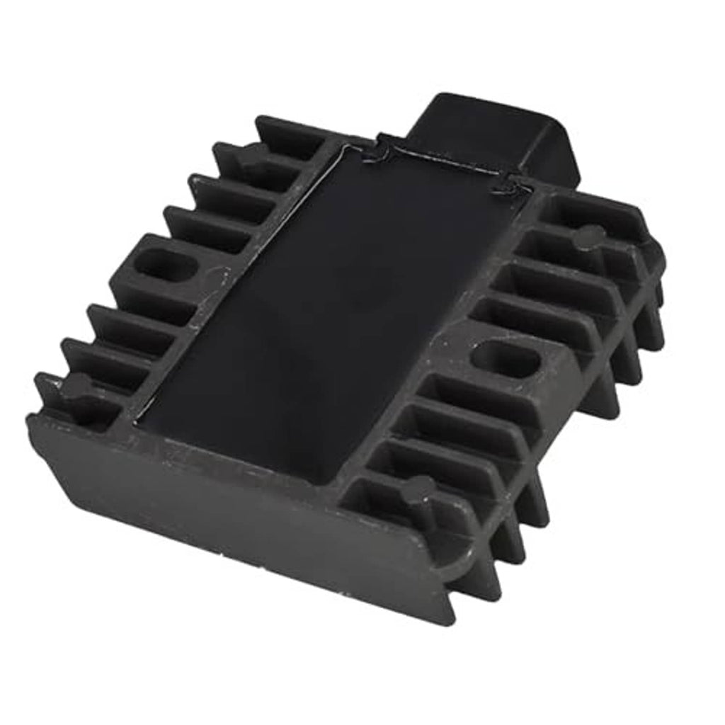 Black voltage regulator rectifier, angled view with cooling fins and wiring tabs