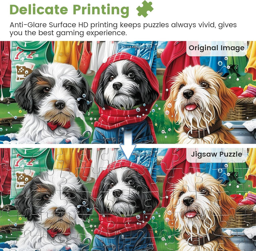 Printed jigsaw puzzle panel with three dog faces in raincoats, showing clean piece details