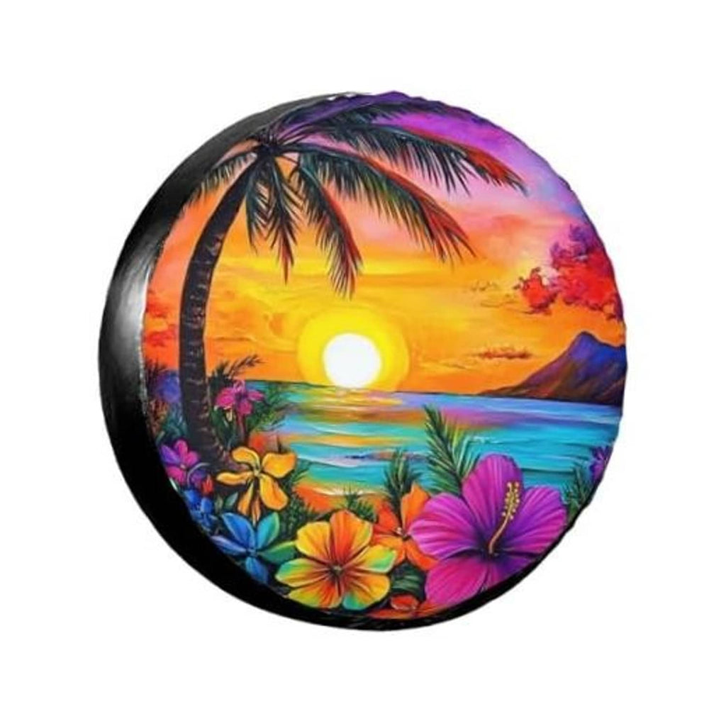 Black spare tire cover with tropical palm sunset print and floral flowers