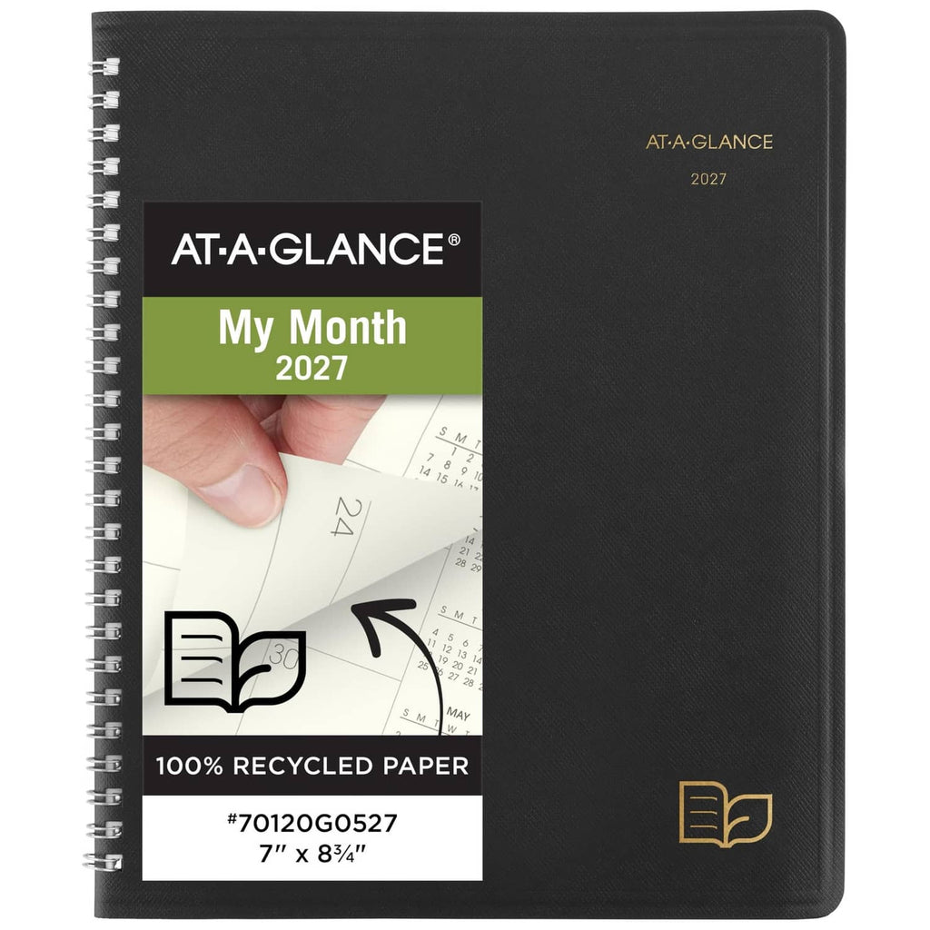 Black AT-A-GLANCE 2027 monthly planner with tabbed “My Month” cover and recycled paper text