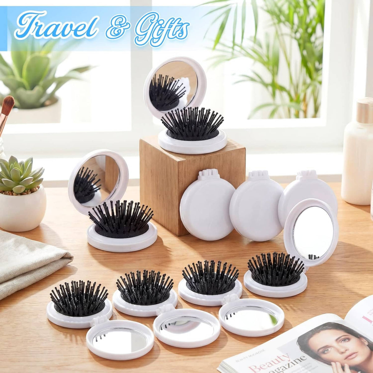 Travel set of mini folding hair brushes with mirrors, white round cases and black bristles