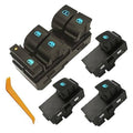 Black window switch assembly with three switches and blue icon labels