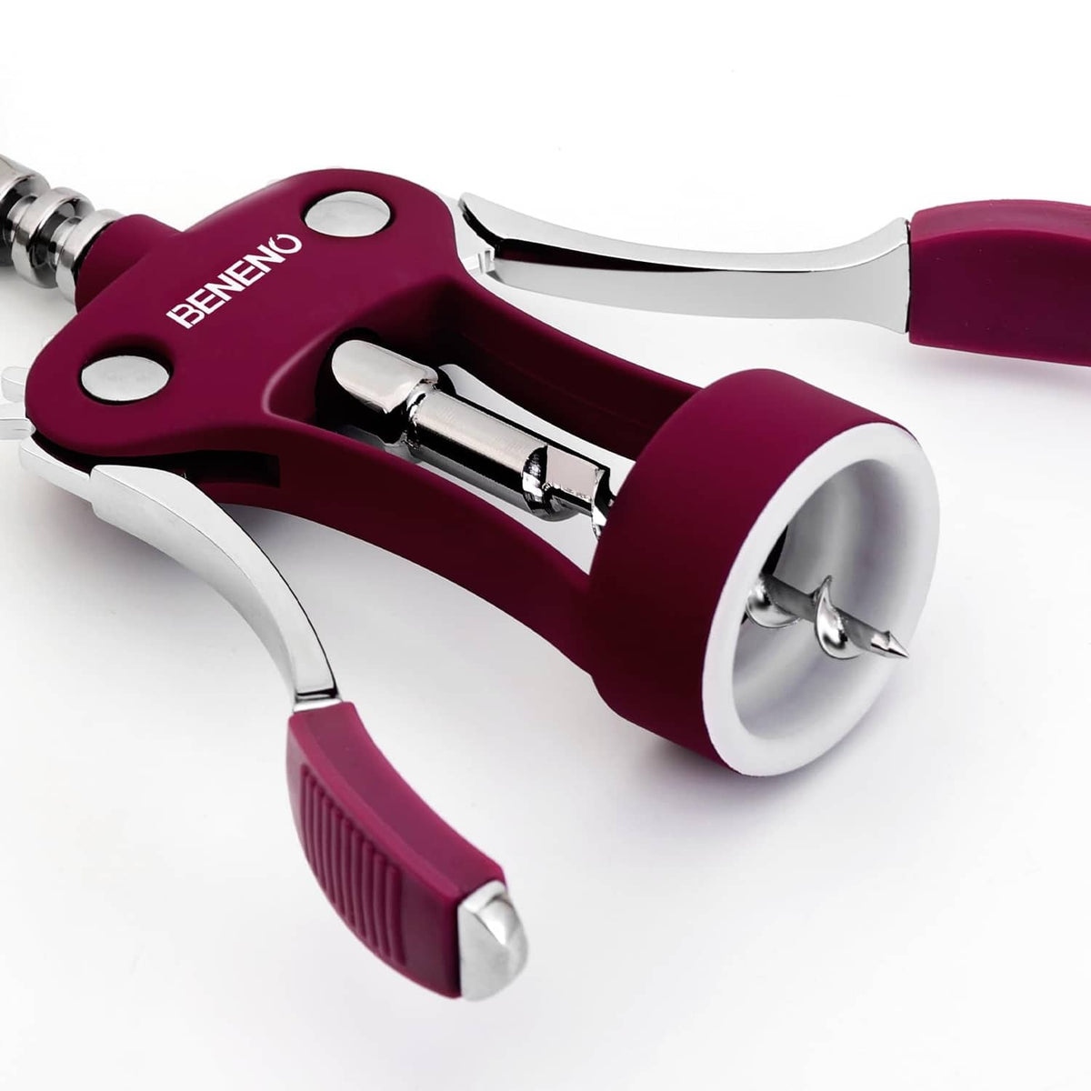 Side view of purple wing corkscrew with chrome auger and curved wing handles
