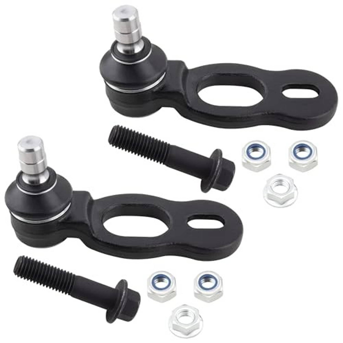 Front upper ball joint set, black link with oval cutouts, steel stud, included nuts.
