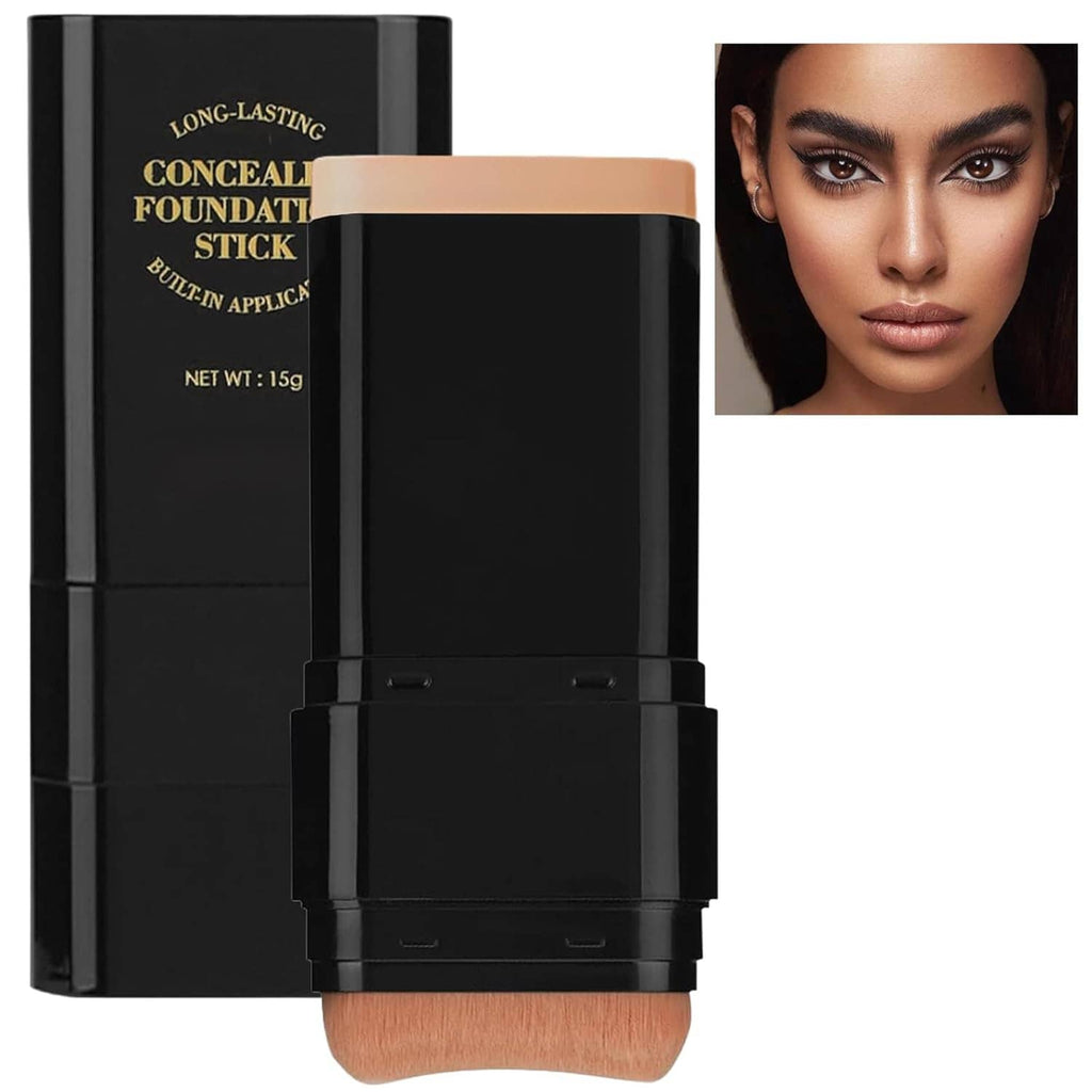 Dual-ended concealer foundation stick in a black twist-up case with applicator brush