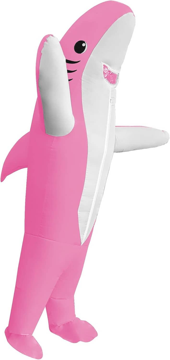 Pink inflatable shark costume with white belly, dorsal fin, and side pose, full-body