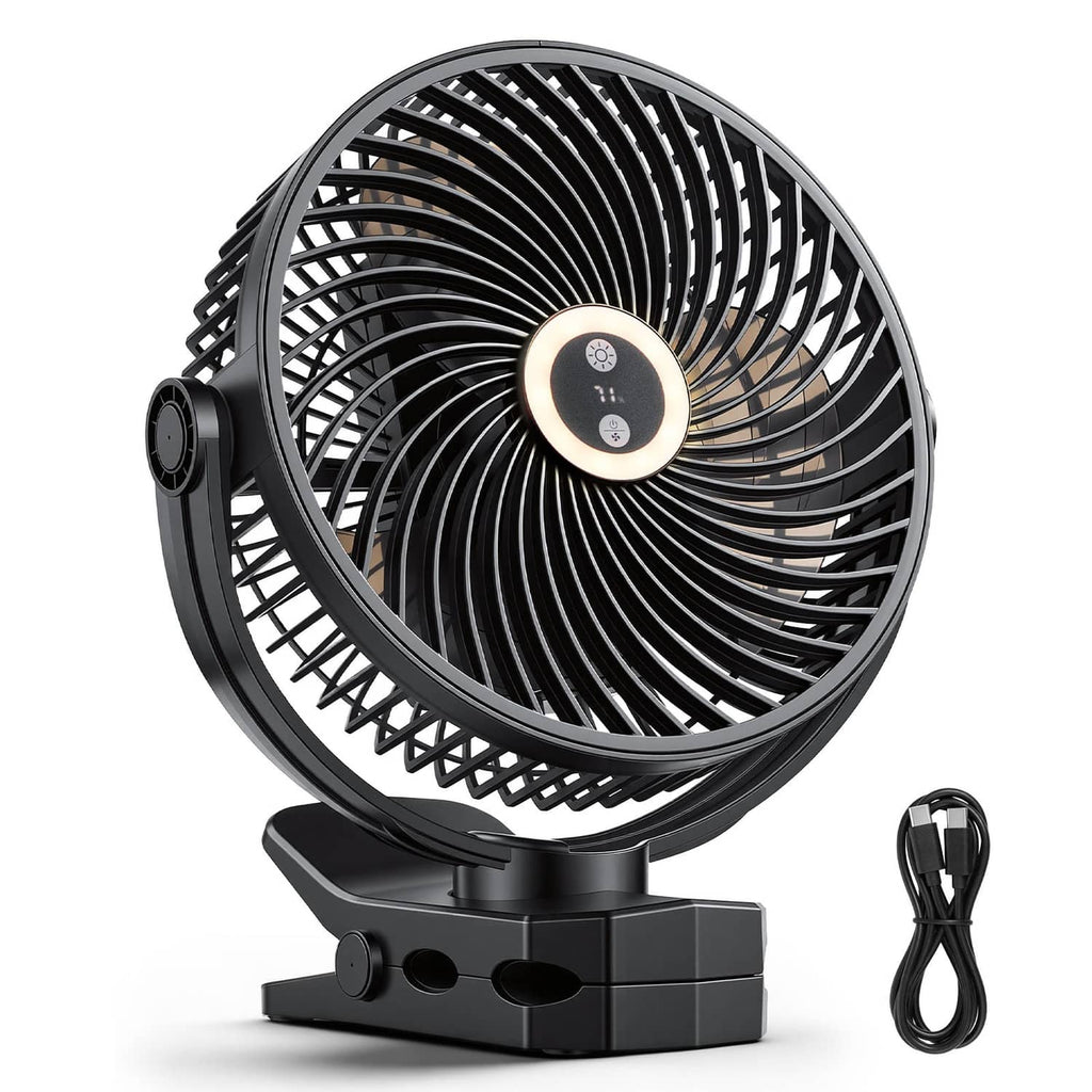 Black portable clip fan with round grille, front control dial, and base clamp stand