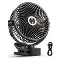 Black portable clip fan with round grille, front control dial, and base clamp stand